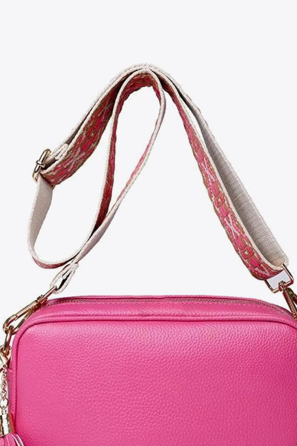 PU leather tassel crossbody bag, bright pink with gold chain strap and tassel