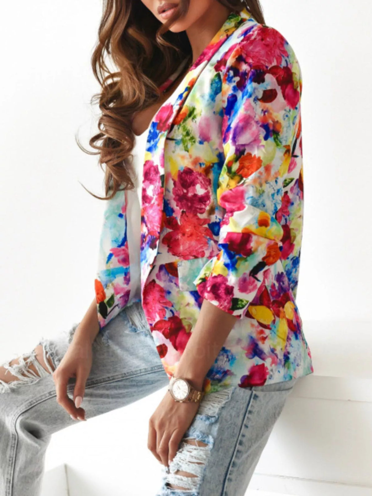 Floral watercolor open-front blazer with three-quarter sleeves and front pockets