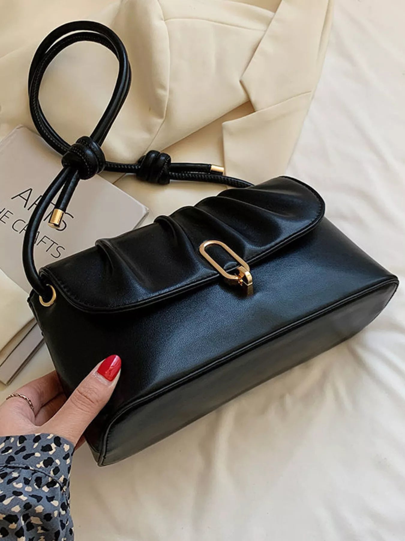 Ruched Detail Shoulder Bag in black PU with gold hardware, small size — Trendsi.