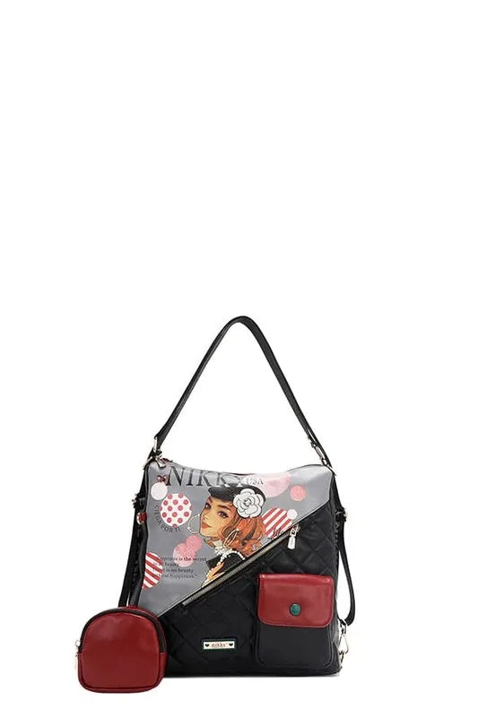 Convertible adjustable strap backpack bag, black quilt with floral print front and red pouch.