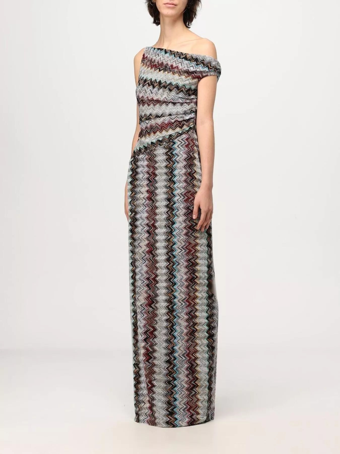 Cedar & Moore One-Shoulder Zigzag Knit Maxi Dress, multicolor chevron pattern