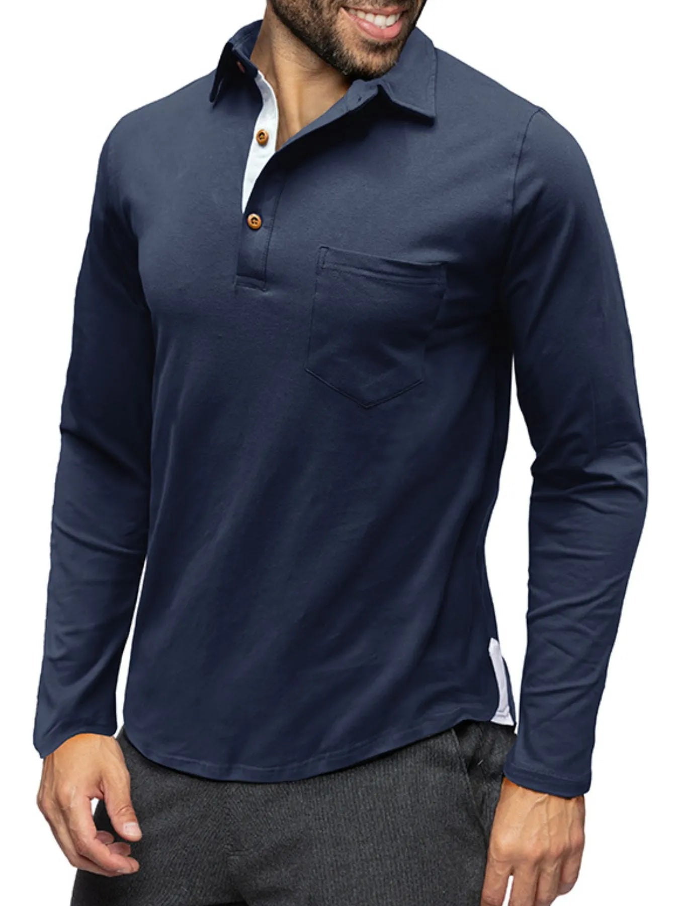 Men's long sleeve polo shirt in navy blue, with chest pocket and button placket.