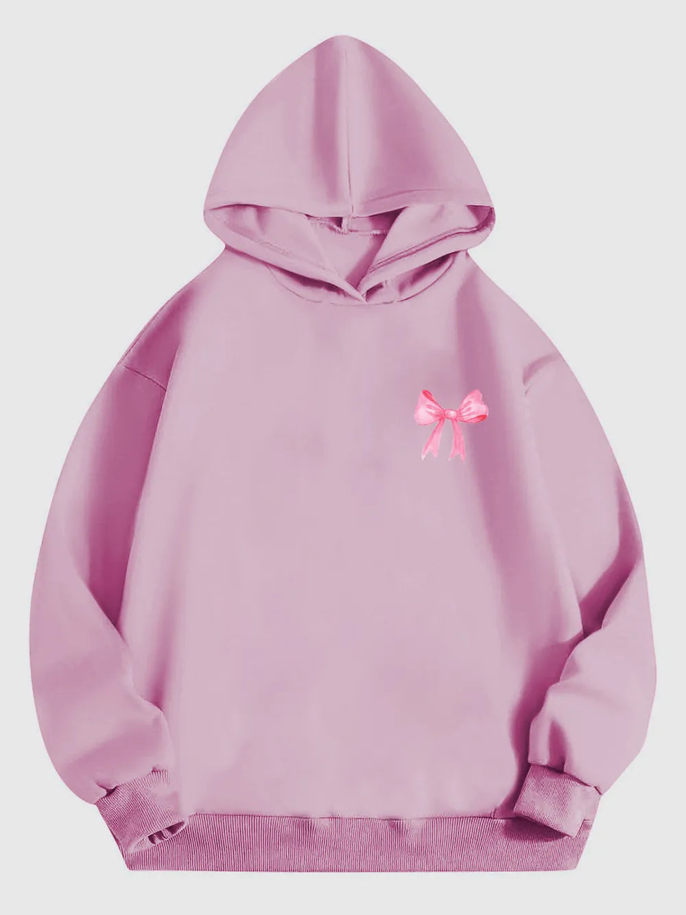 Light pink long-sleeve hoodie with small pink bow detail on right chest