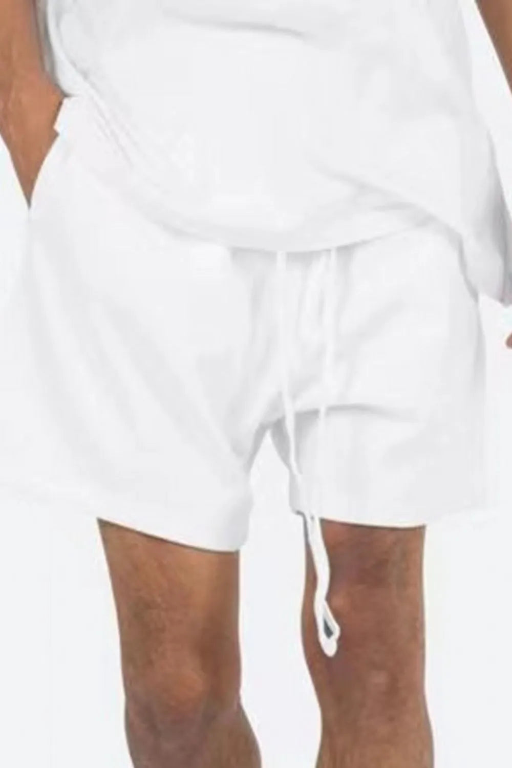 White men's plus size drawstring shorts with adjustable ties and relaxed, short hem
