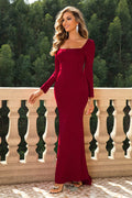 Wine square neck long sleeve maxi dress with fitted bodice and side slit, straight hem.
