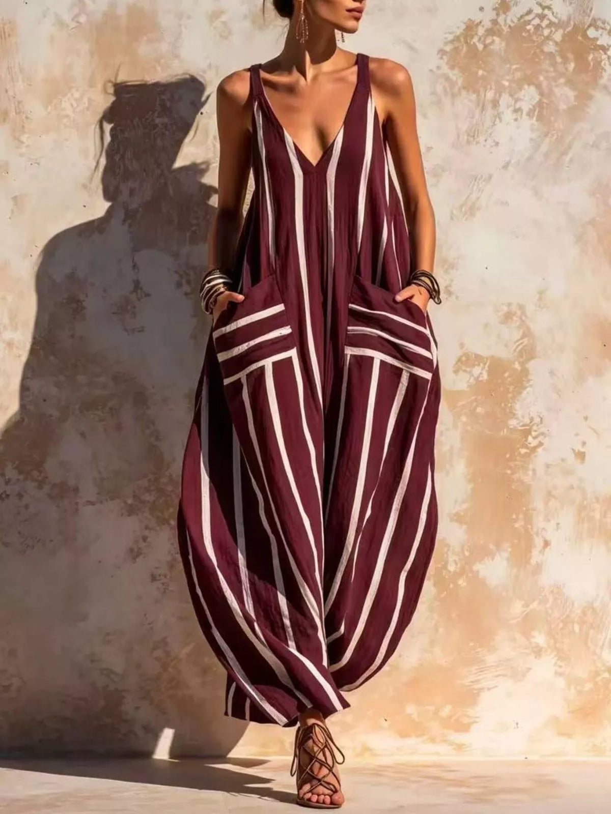 Burgundy striped V-neck sleeveless wide-leg jumpsuit with draped pocket detail