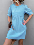 Round neck puff-sleeve mini dress in light blue with a gathered waist, basic style