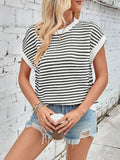Black and white striped round-neck cap-sleeve sweater, ribbed collar and hem