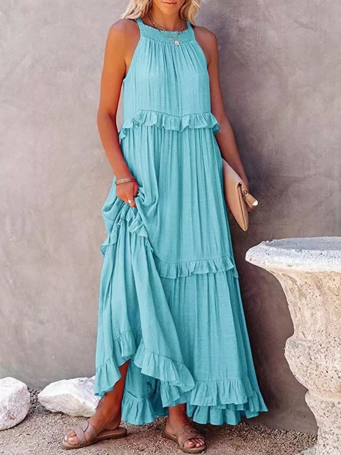 Light blue ruffled tiered sleeveless maxi dress with layered ruffle trim