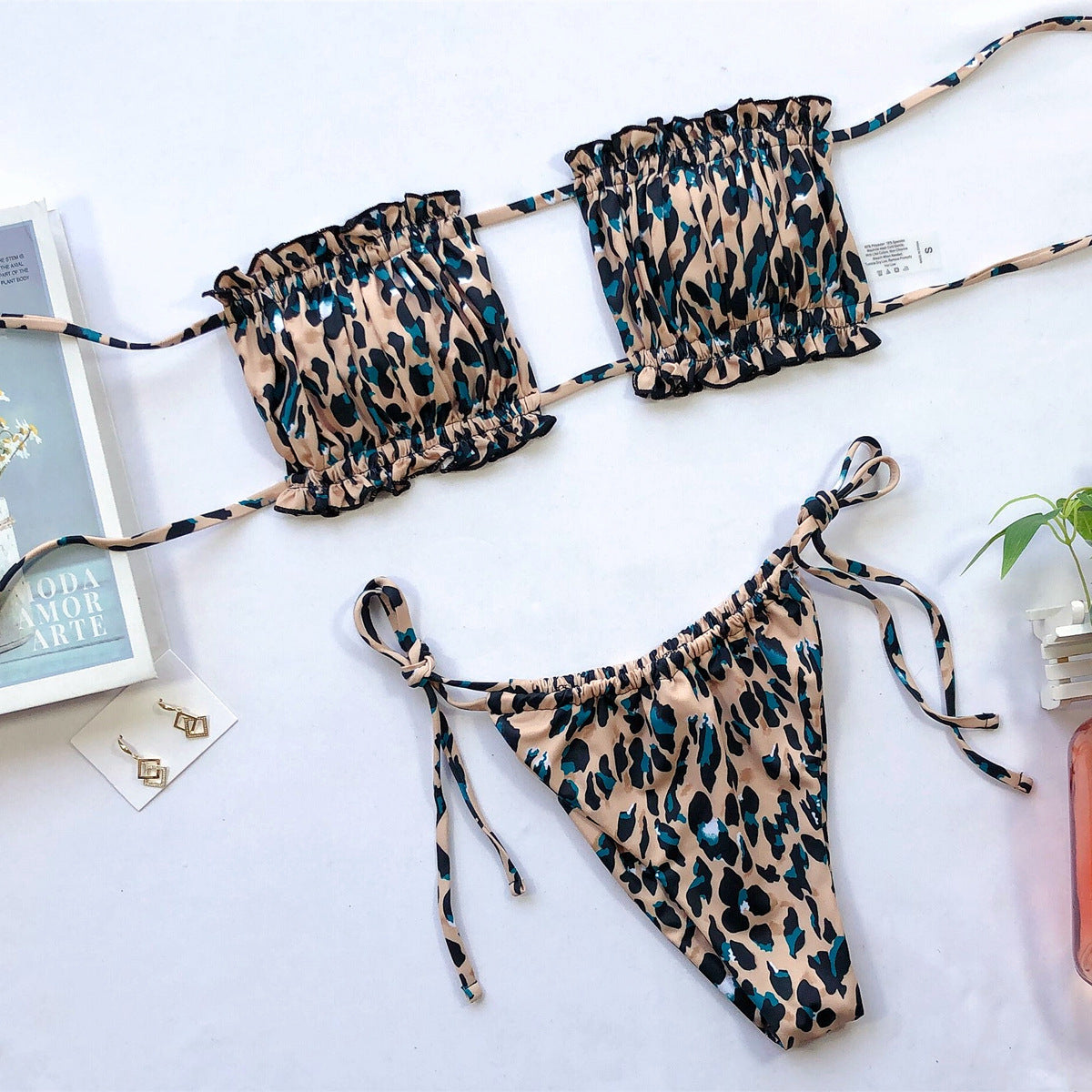 Leopard print ruched bandeau bikini top and matching side-tie bikini bottom set