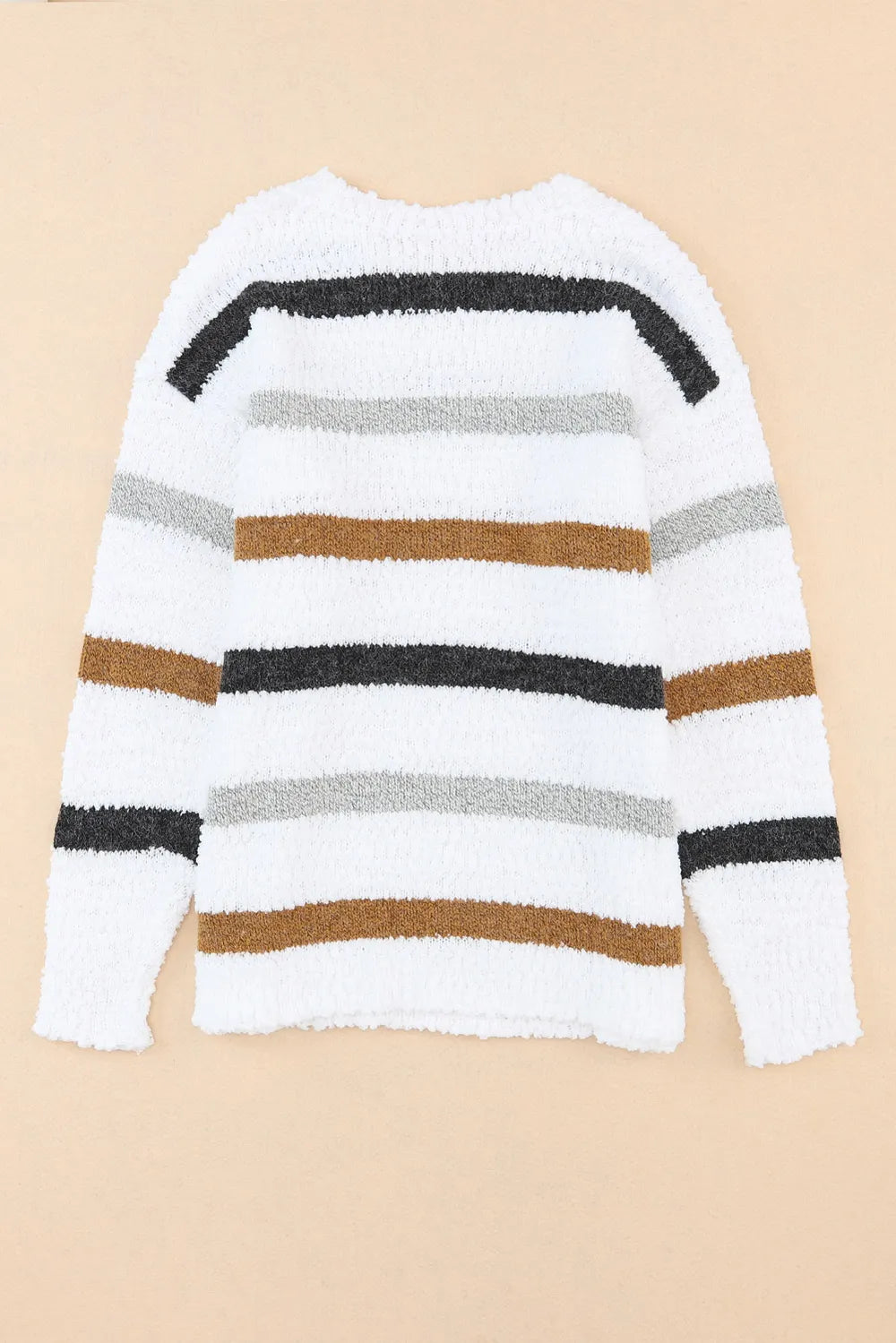 White crew-neck sweater with wide horizontal stripes in gray, tan, and black