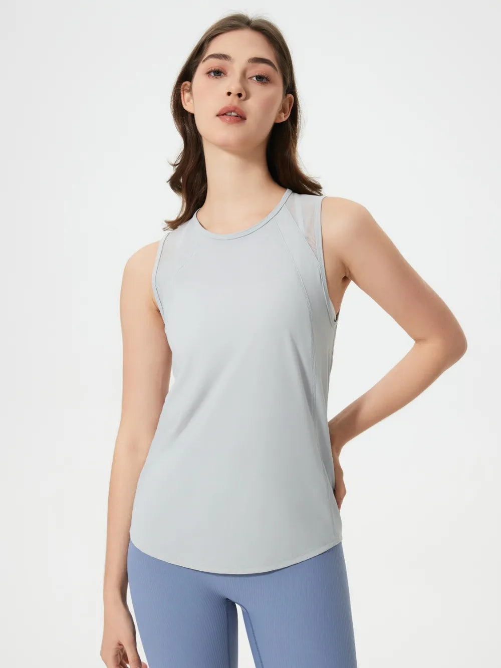 Active tank top with round neck, sleeveless, light gray-blue