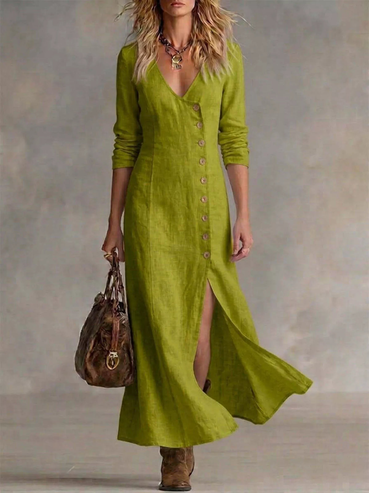Womens green button-down midi dress with V-neck, long sleeves, side slit