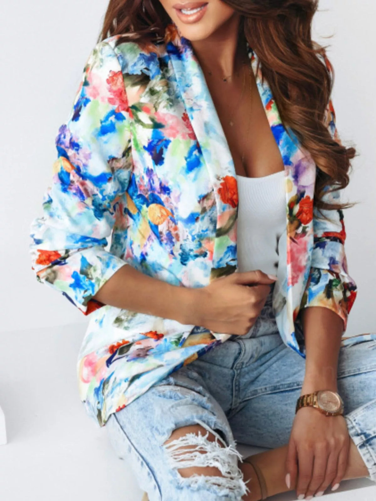 Floral print open-front blazer with patch pockets, multicolor blue/pink, open lapels, 3/4 sleeves