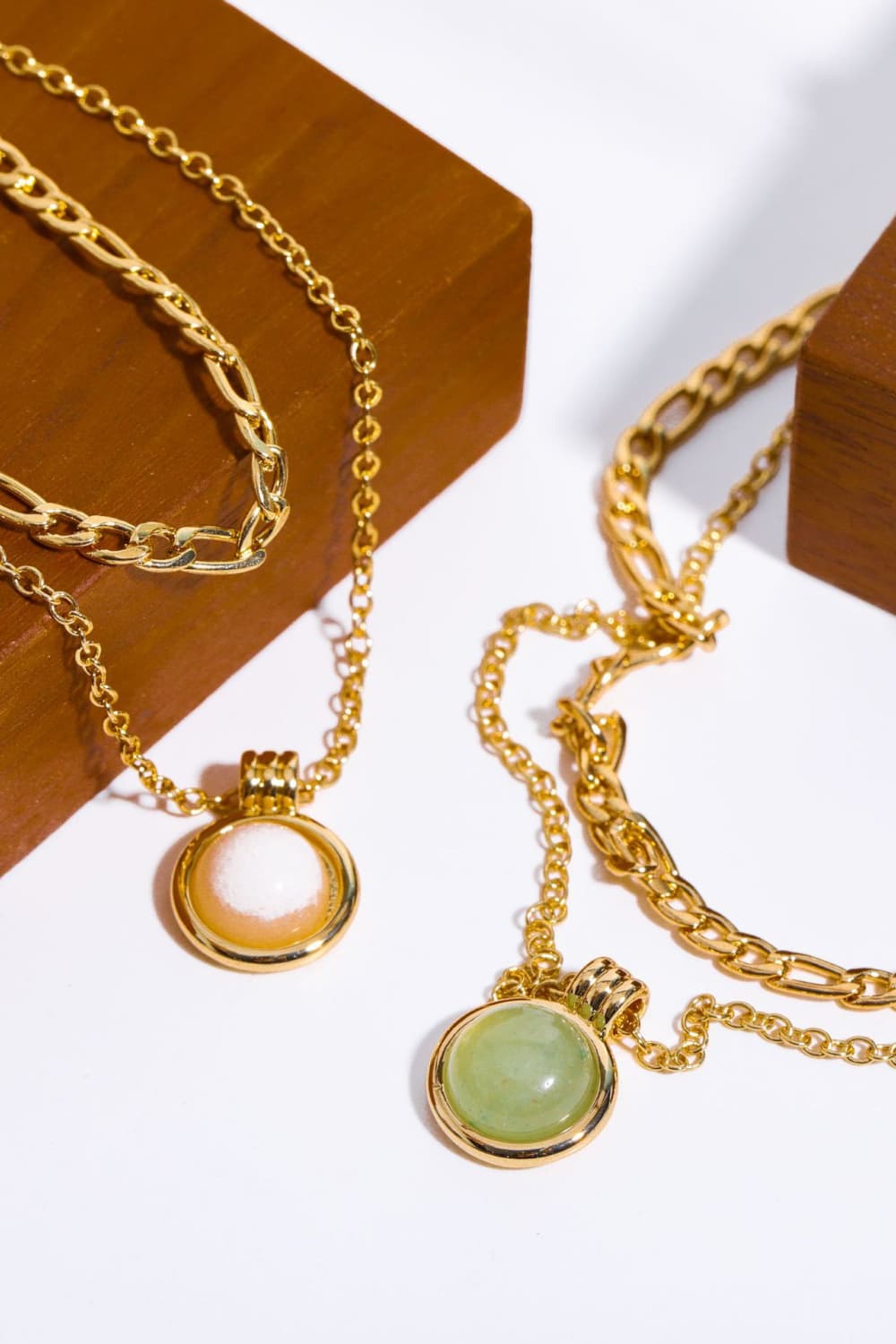 Gold-plated pendant necklace with round green aventurine charm on chain