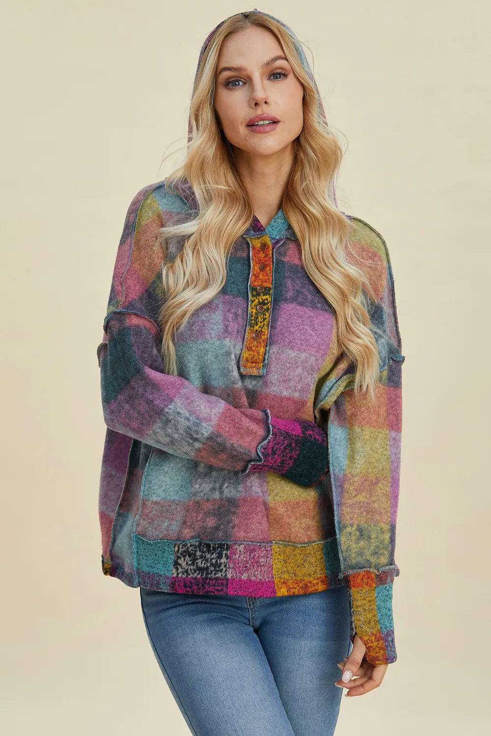 Multicolor plaid fleece hoodie with half-zip placket and dropped shoulders, side view