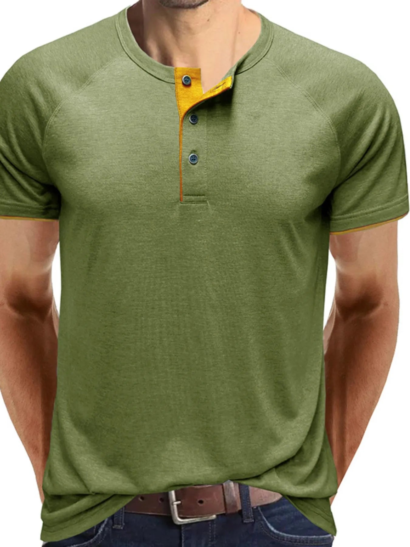 Moss green henley polo shirt with yellow contrast placket and button front.