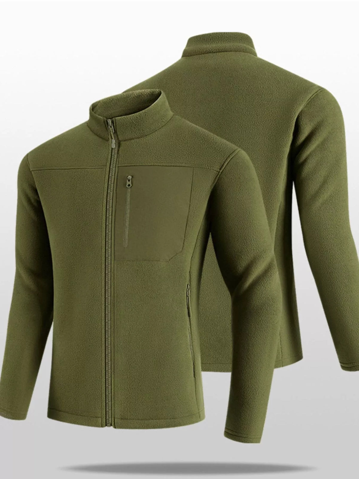 Men's army green zip-up long sleeve jacket front-side view with stand collar