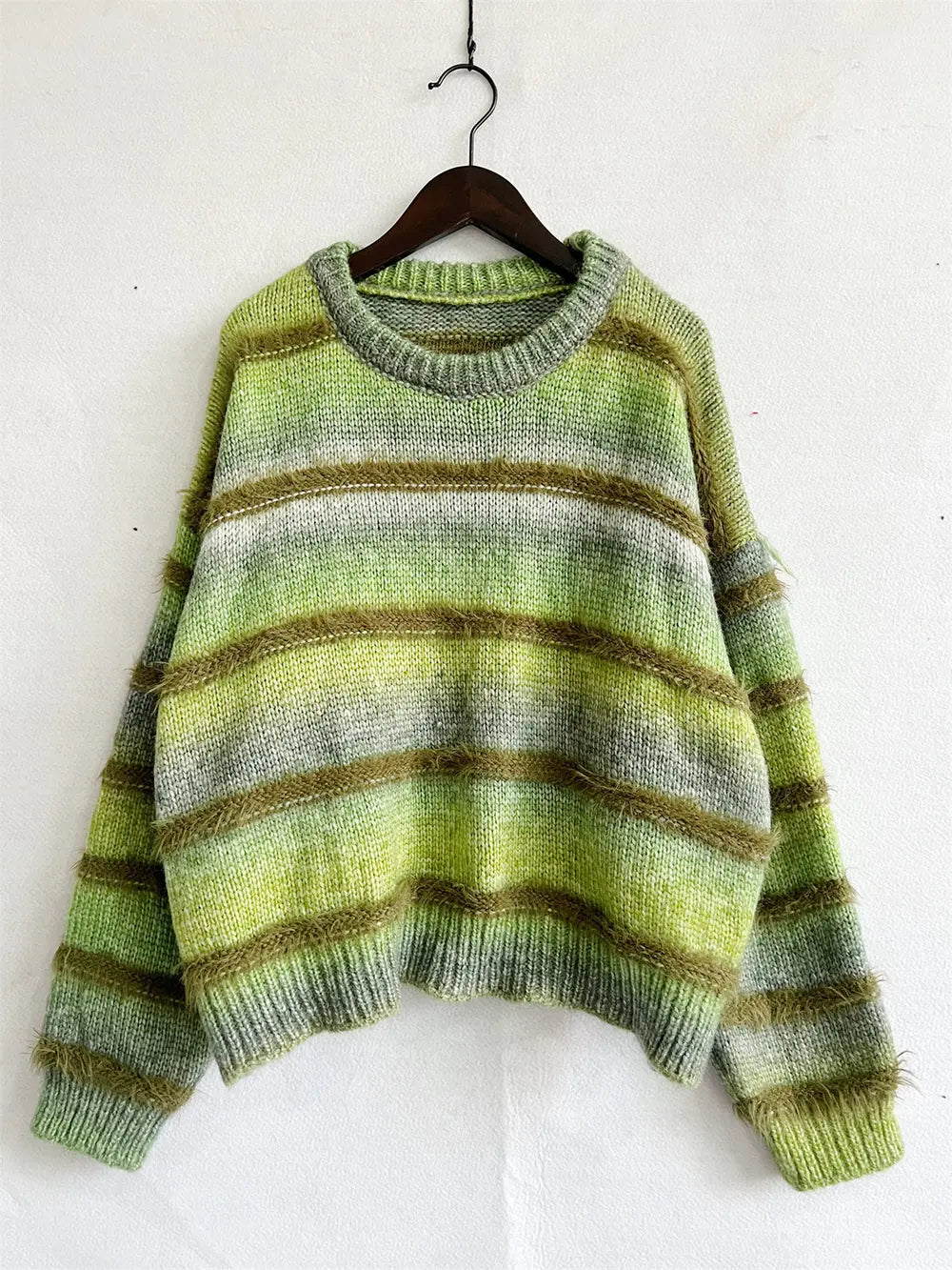 Green striped round-neck long-sleeve sweater with ribbed hem and cuffs