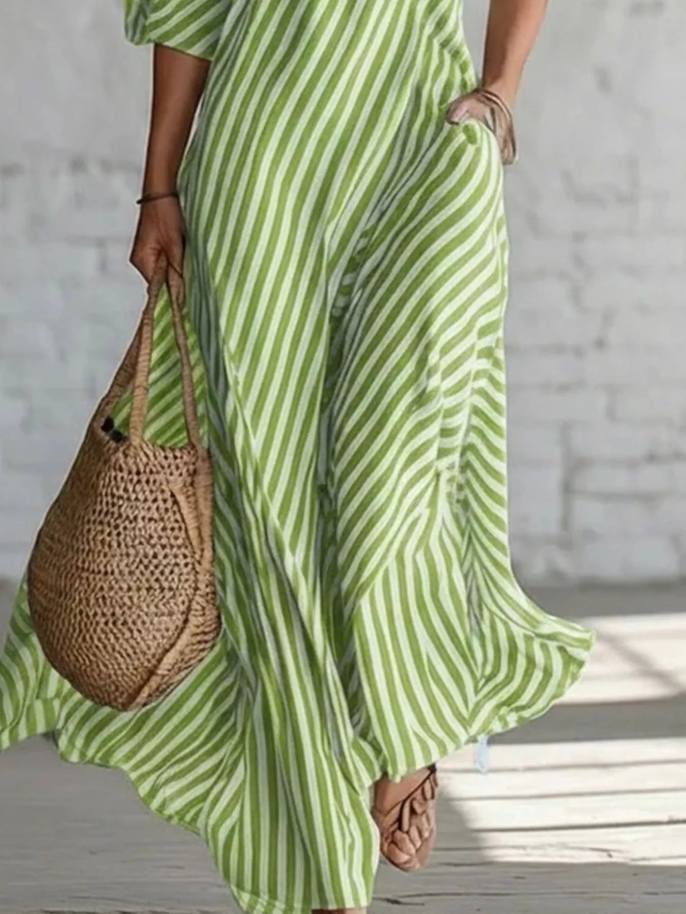 Cedar & Moore Striped green and white one-shoulder maxi dress, plus size, no pockets