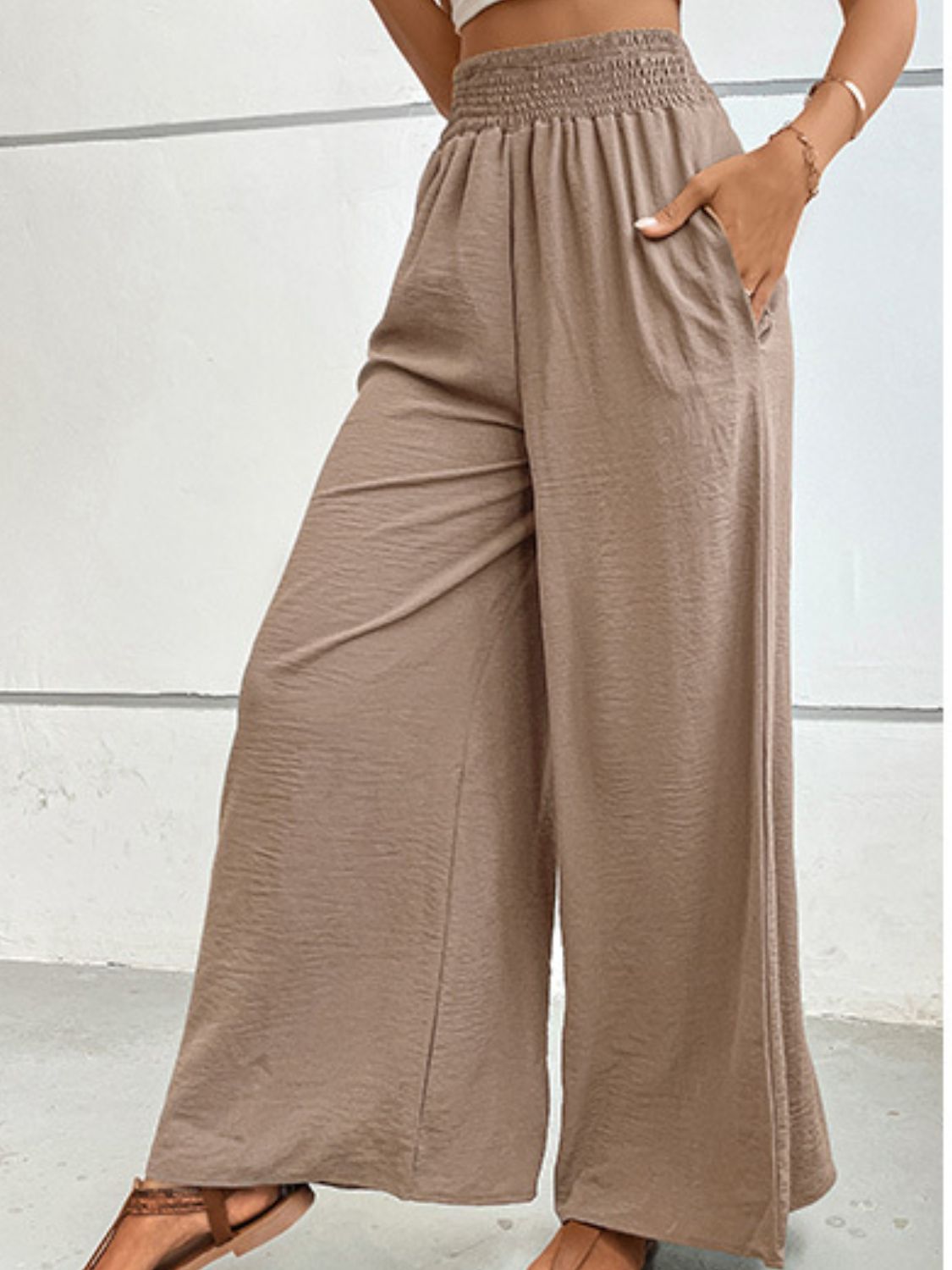 Taupe wide-leg long pants with gathered elastic waist and loose drape