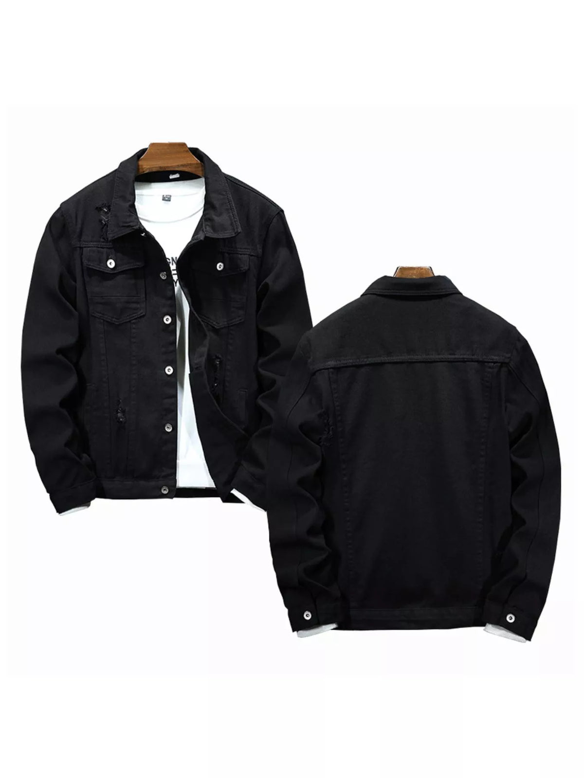 Black denim jacket set, front and back, distressed slim fit with button front