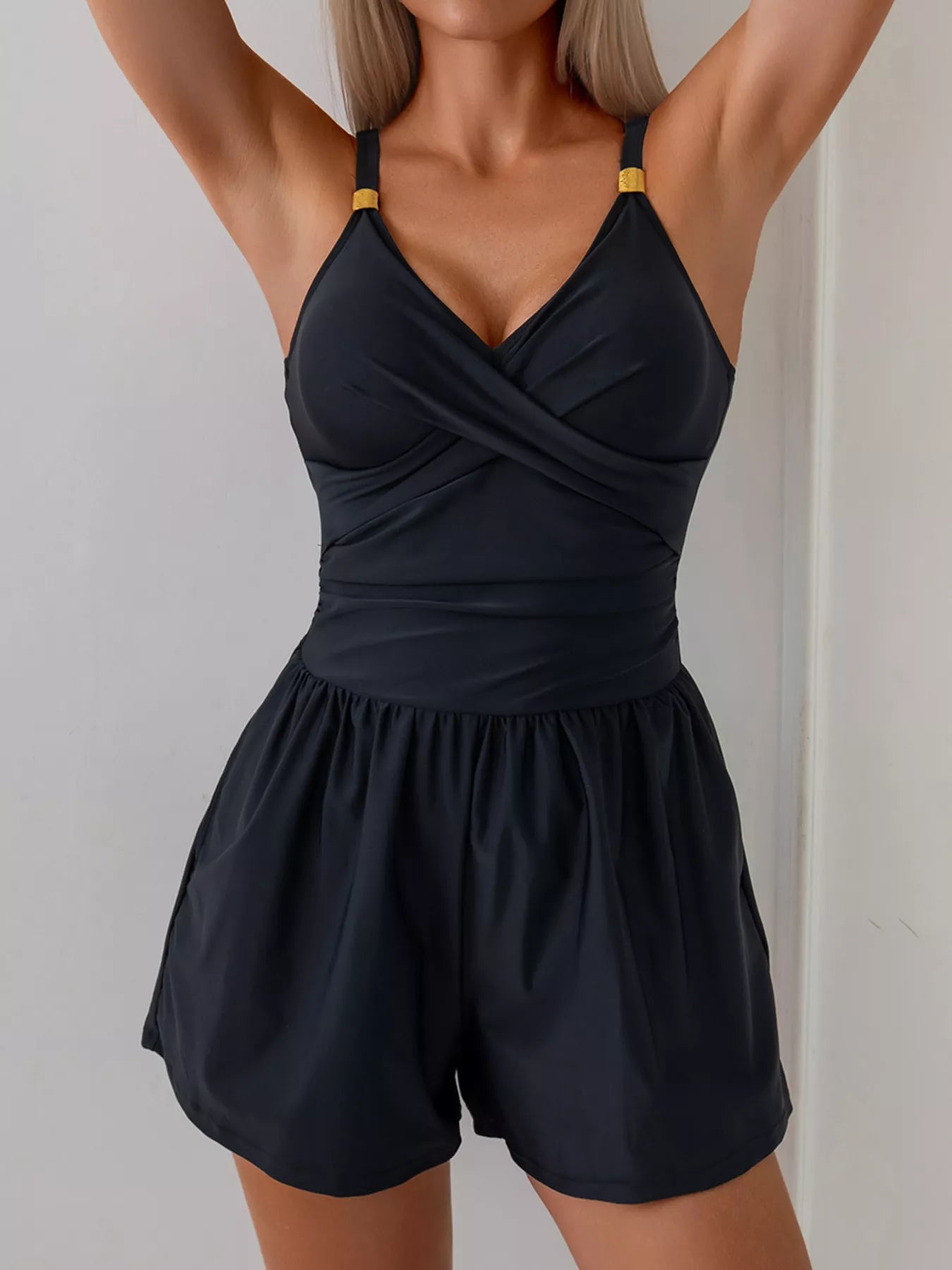 Black V-Neck Spaghetti-Strap One-Piece Swimsuit with wrap-front and chest pocket