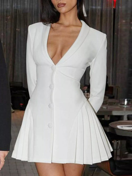 White button-down blazer mini dress with deep V-neck and pleated skirt