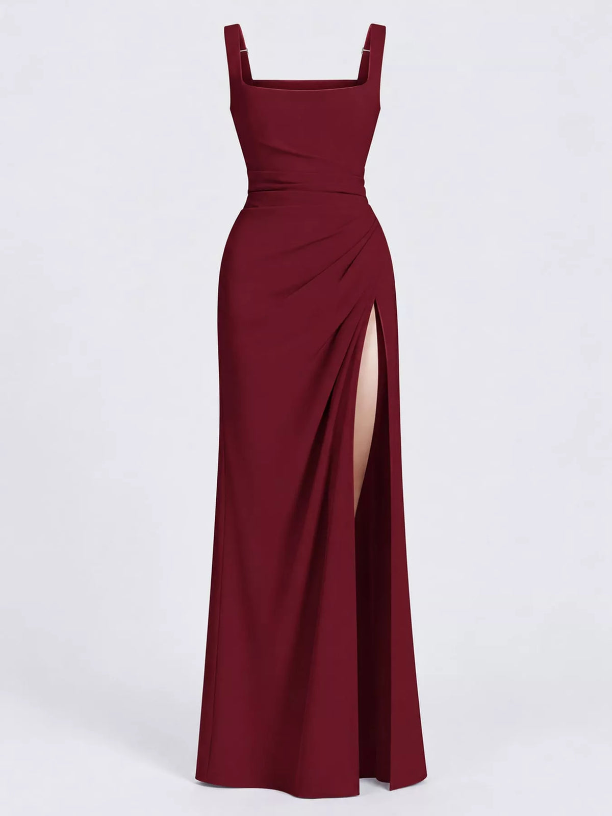 Backless ruched evening maxi dress with square neckline and thigh slit, burgundy