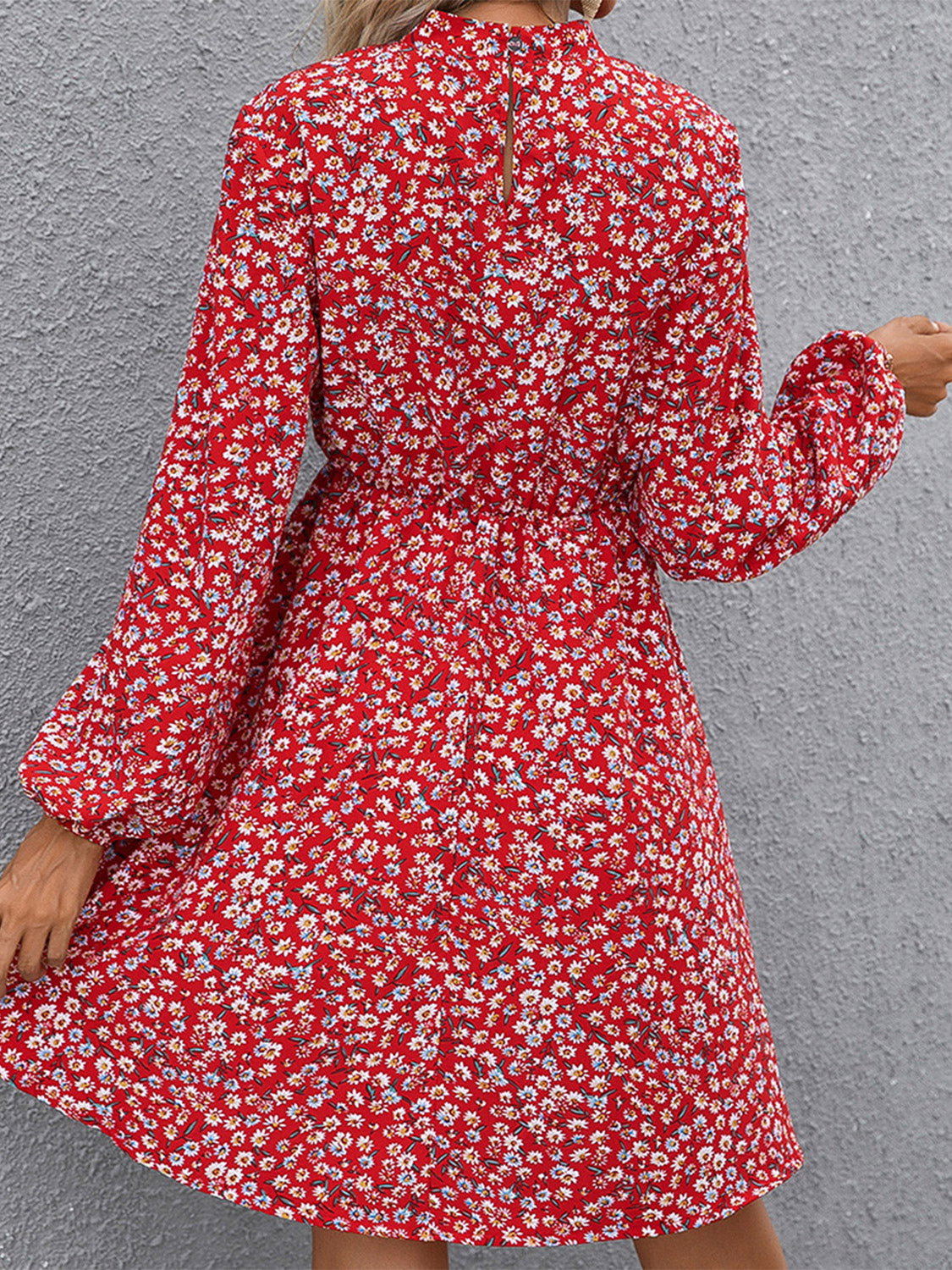 Deep red floral mock neck long sleeve dress, back view, gathered skirt