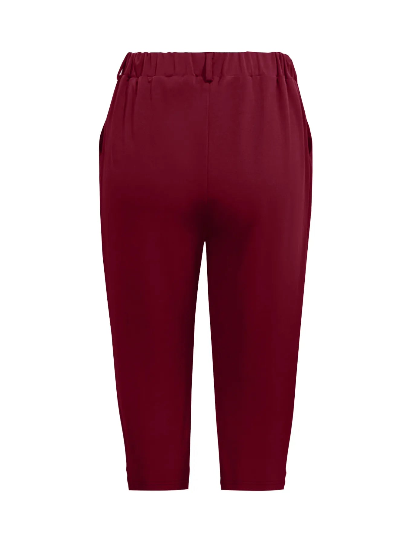 Burgundy pleated detail pants with pockets and elastic waist, cropped length