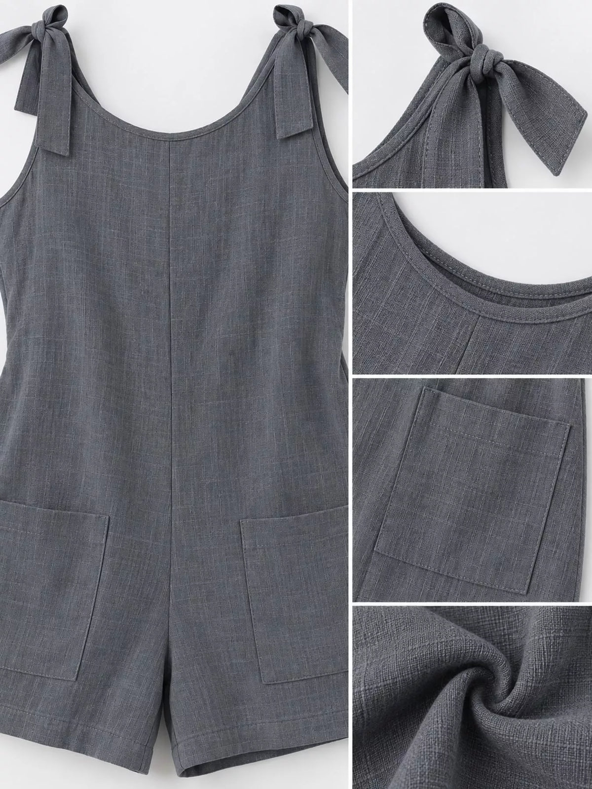 Dark blue tie-shoulder bow romper close-up: scoop neck and front pockets