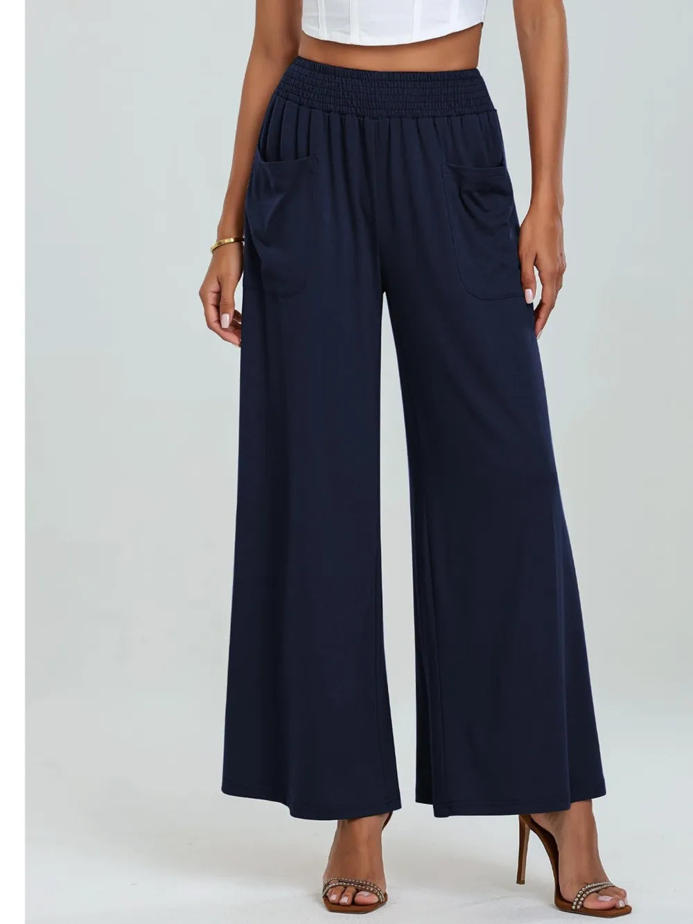 Navy elastic-waist wide-leg pants with front pockets and relaxed fit