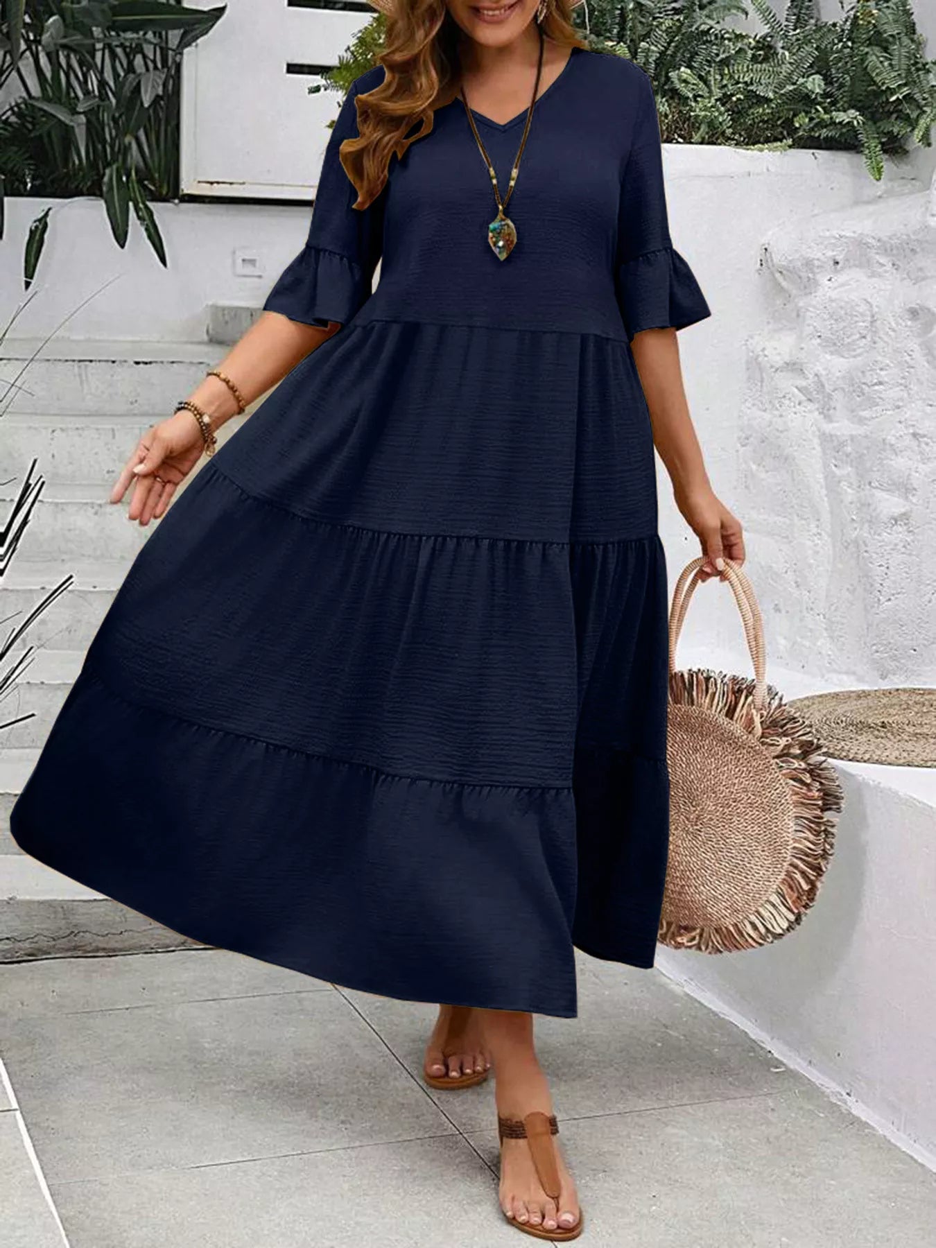 Tiered midi dress with ruffle sleeves and tiered hem, dark navy blue
