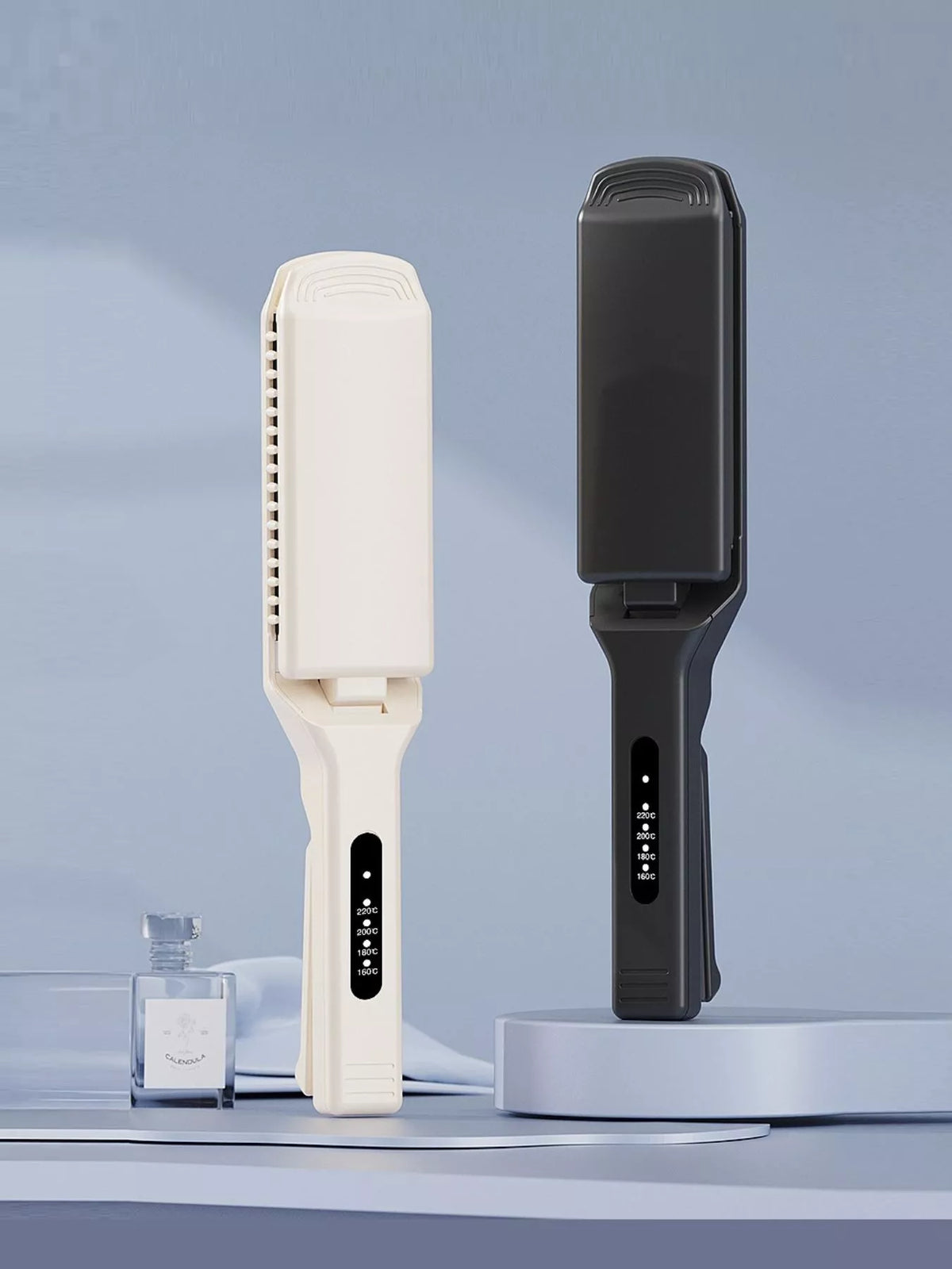 Portable heat hair straightener in ivory and black with digital temperature panel