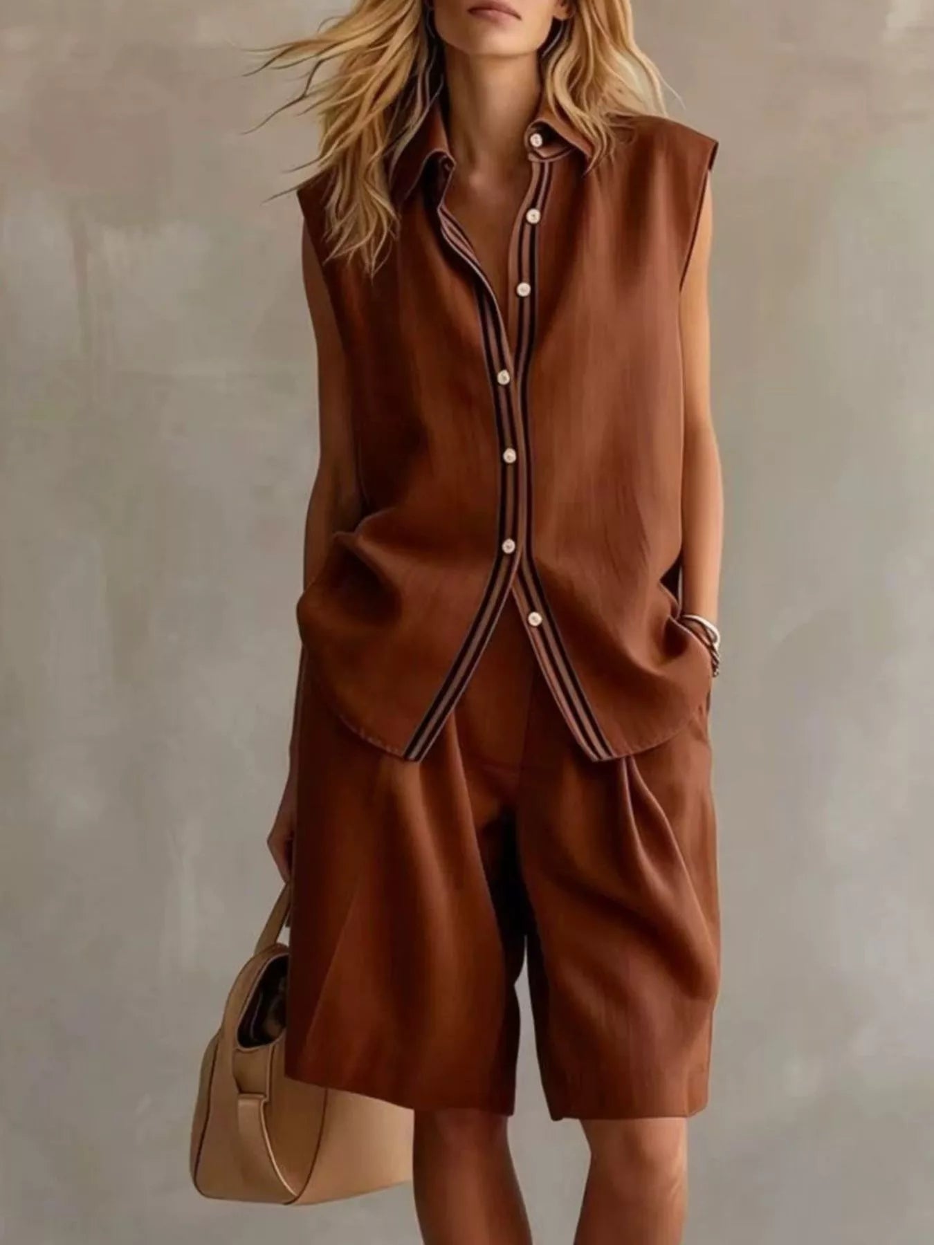 Sleeveless button-up top and shorts set, light brown with front buttons and patch pockets