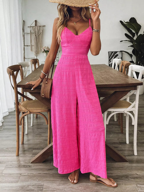 Rose red sleeveless wide-leg jumpsuit with V-neck and smocked bodice