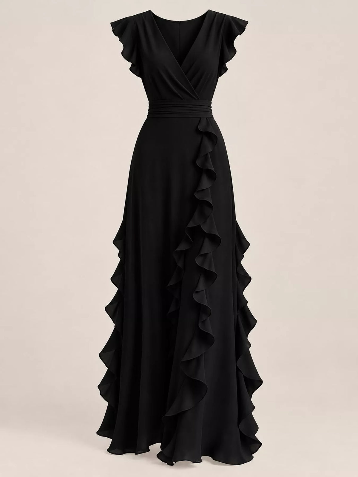 Black V-neck sleeveless maxi dress with ruffled flutter sleeves and layered skirt