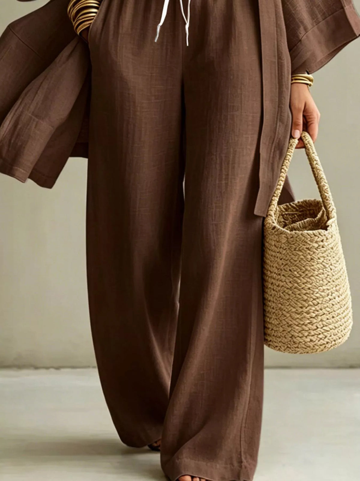 Dark brown wide-leg drawstring pants with matching open cardigan; three-piece outfit set