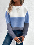 Boat-neck color block sweater in white with light blue and dark gray bands