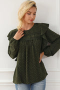 Ruffled round-neck blouse in dark olive green with long sleeves and allover tiny dots