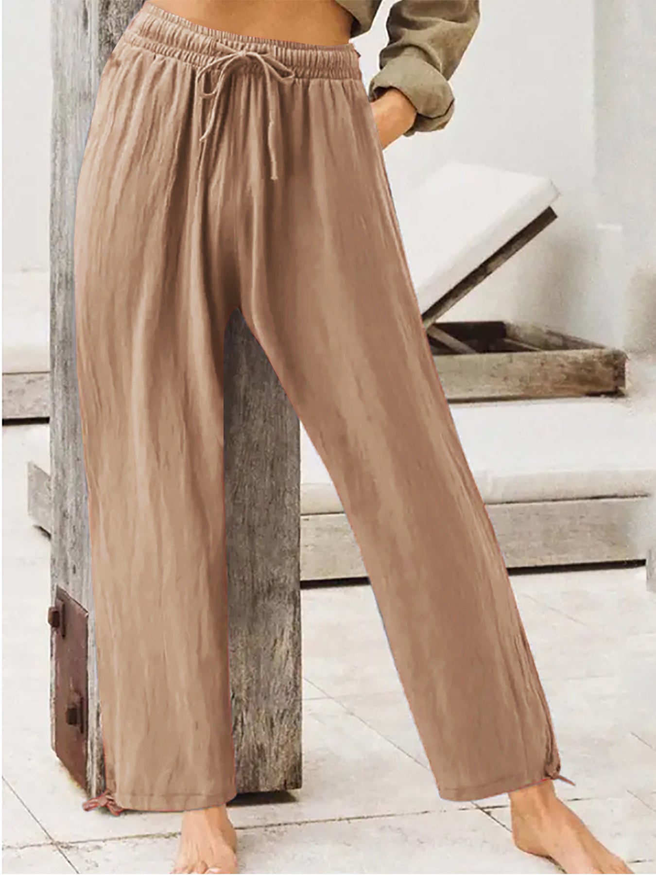 Wide-leg drawstring cotton-spandex pants with elastic waist, tan