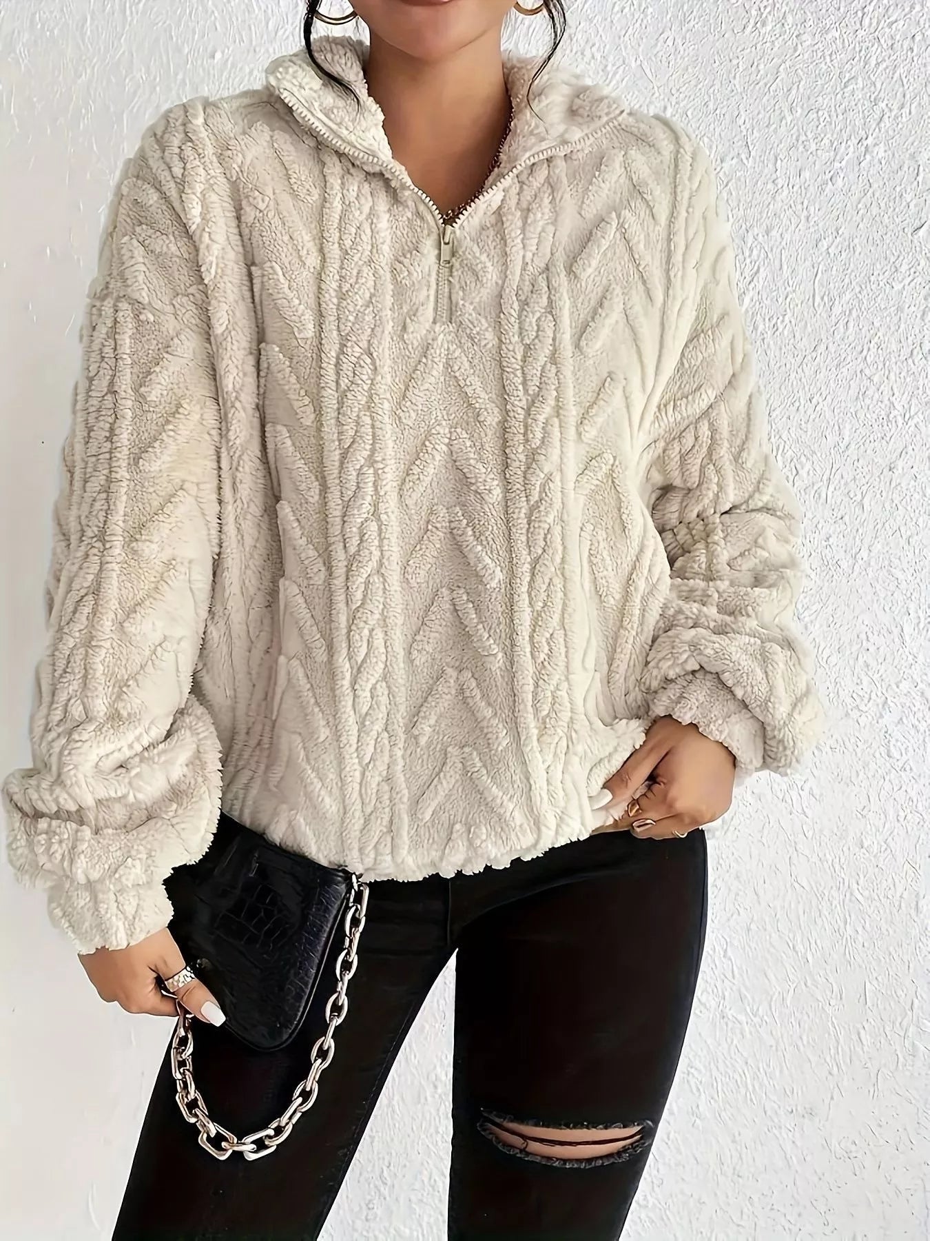 Sherpa quarter-zip sweatshirt, off-white cable knit texture, front view