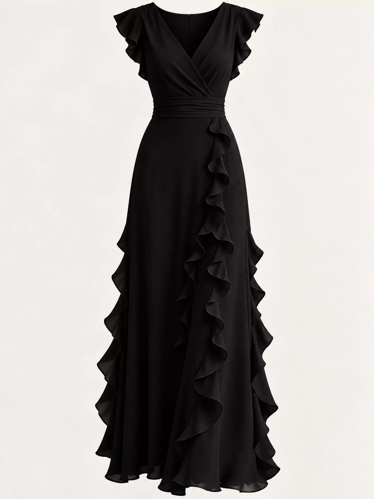Black ruffled high-waist sleeveless maxi dress with asymmetrical ruffle wrap