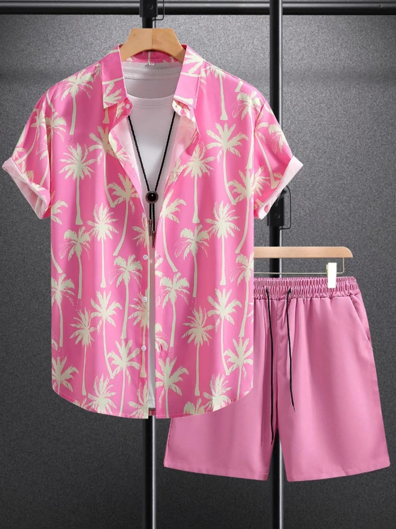 Dusty pink palm print short-sleeve shirt and shorts set for men
