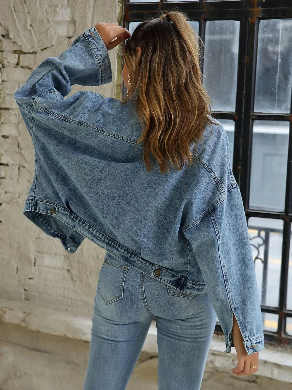 Light-wash denim drop-shoulder button jacket, back view with wide yoke and collar