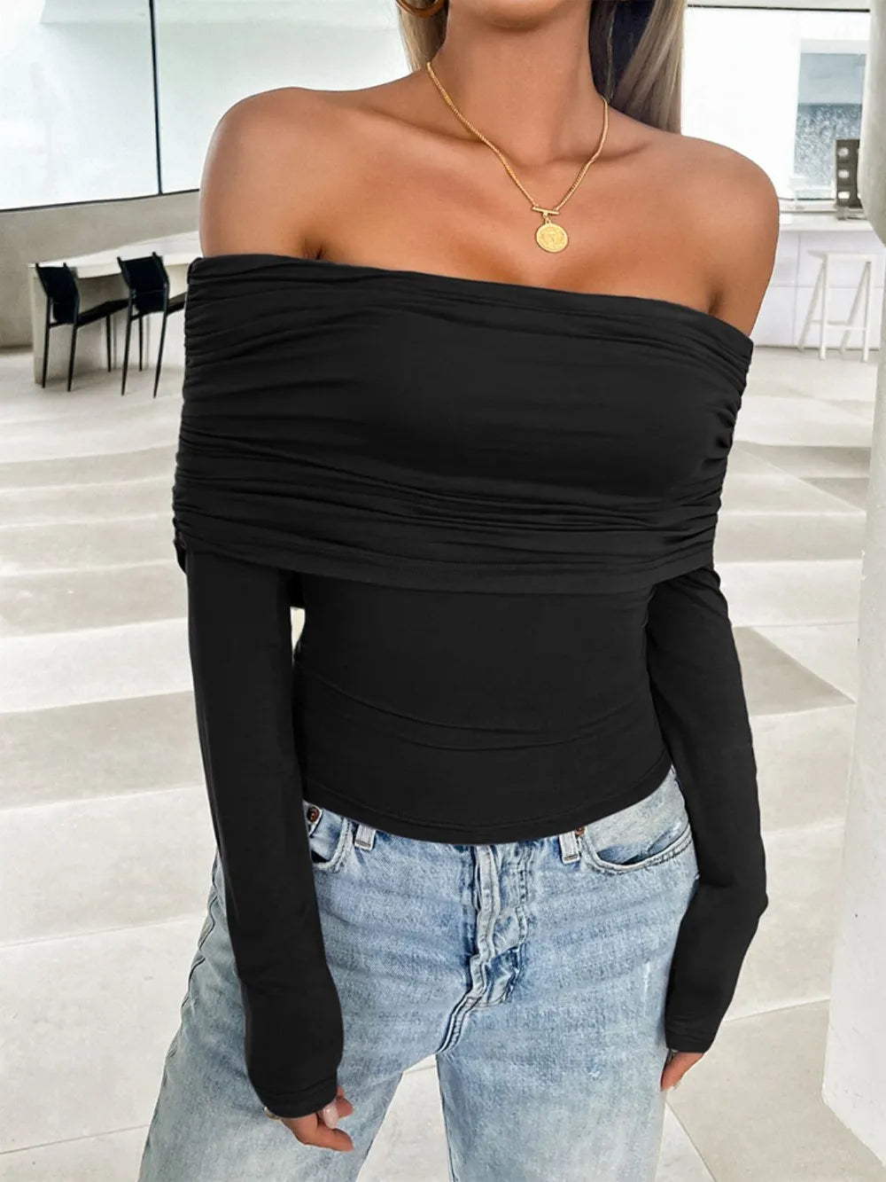 Cedar & Moore Devine ruched off-shoulder long sleeve t-shirt, black