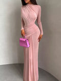 Pink ruched long-sleeve maxi dress with high neck and side gathered waist