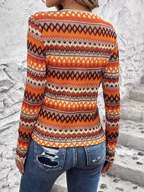 Orange geometric long-sleeve T-shirt, crew neck, chevron stripe pattern