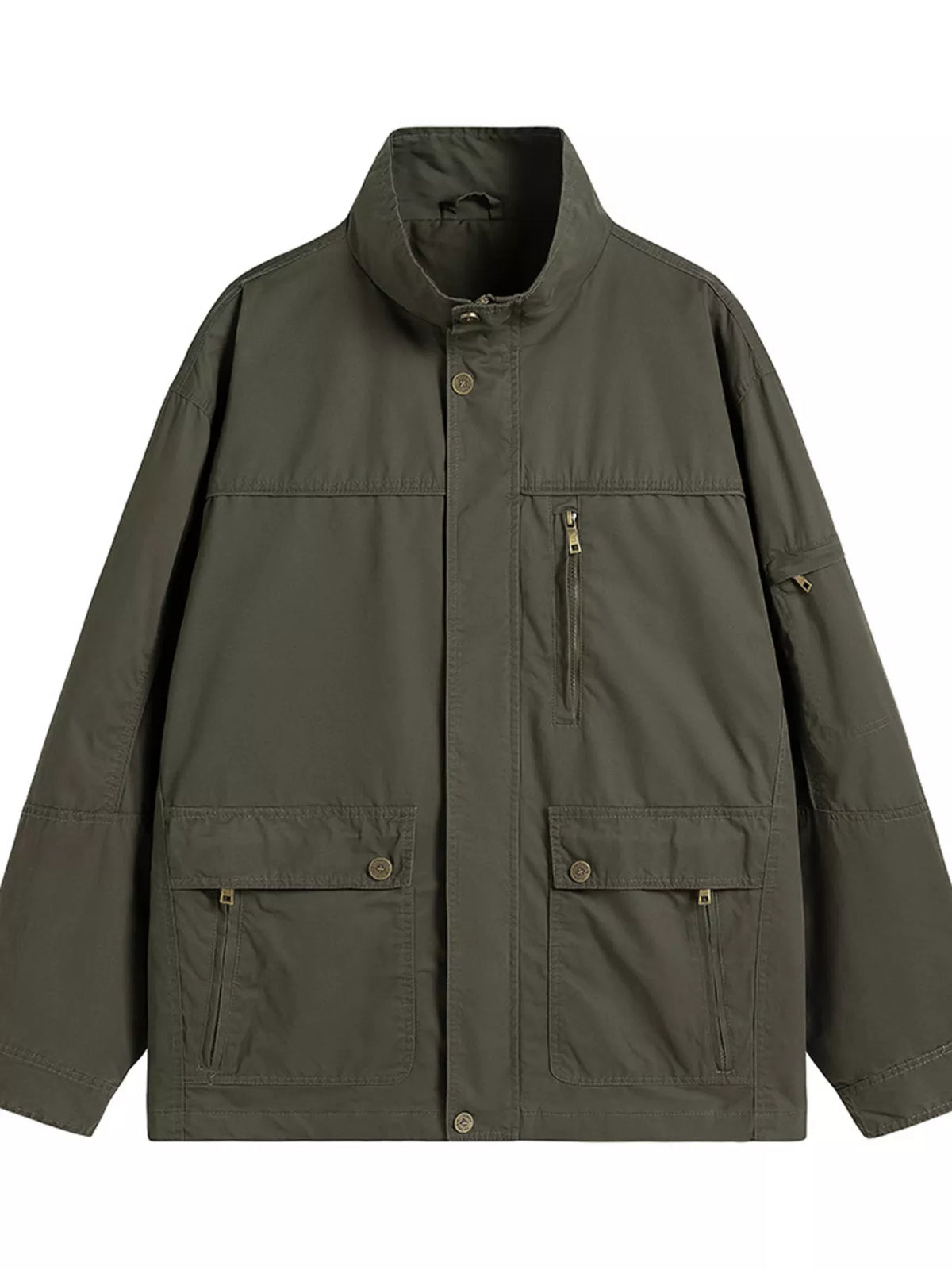 Army green zip-up lightweight jacket, four-pocket design with chest zipper